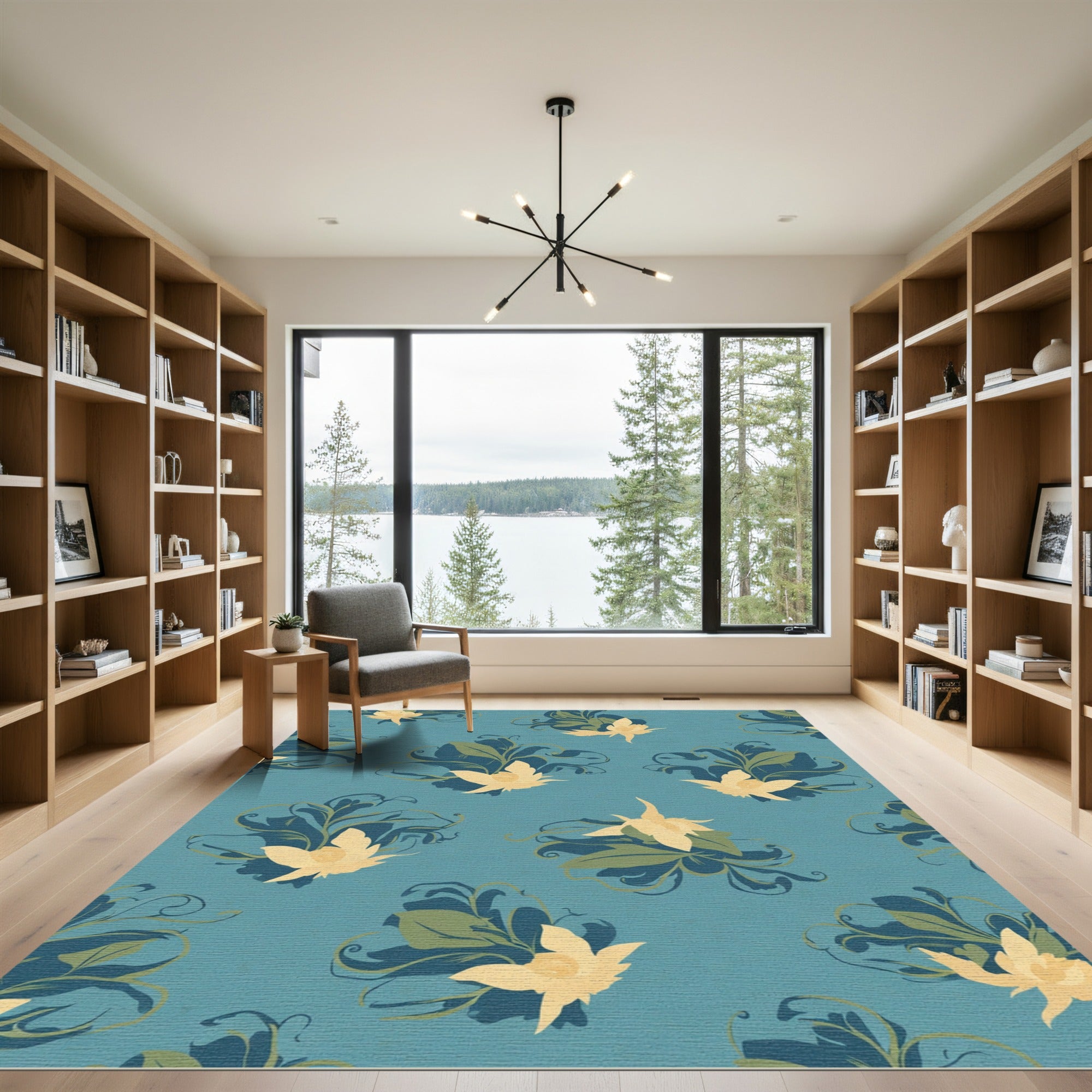 Teal Yellow Floral Swirl Accents Rug