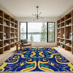 Rich Blue Gold Green Swirling Vine Rug