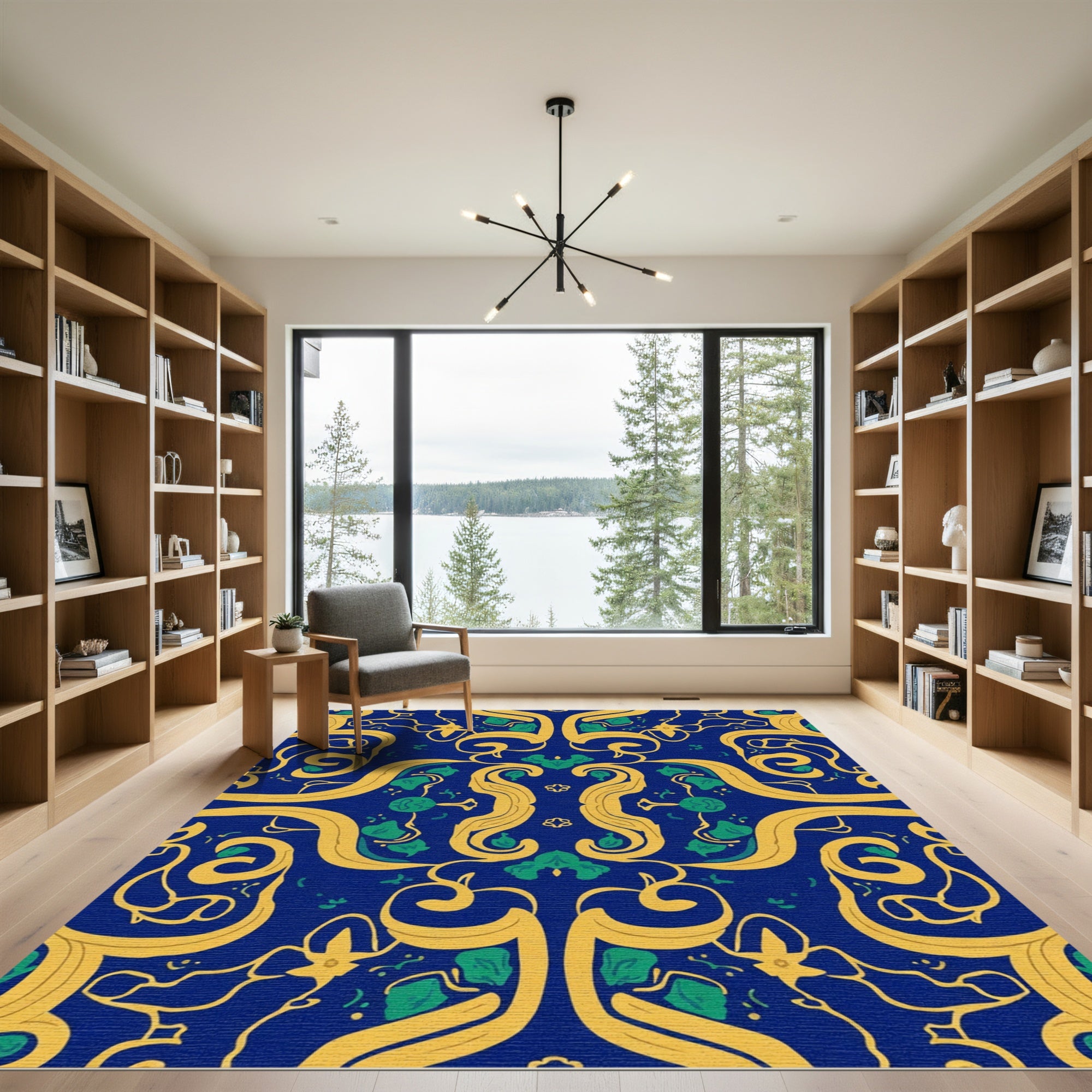 Rich Blue Gold Green Swirling Vine Rug