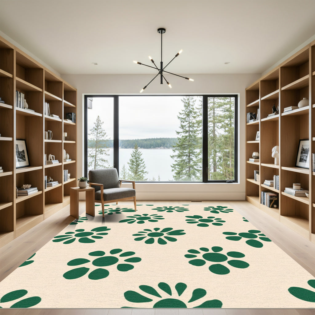 Forest Green Daisy Blooms Cream Rug