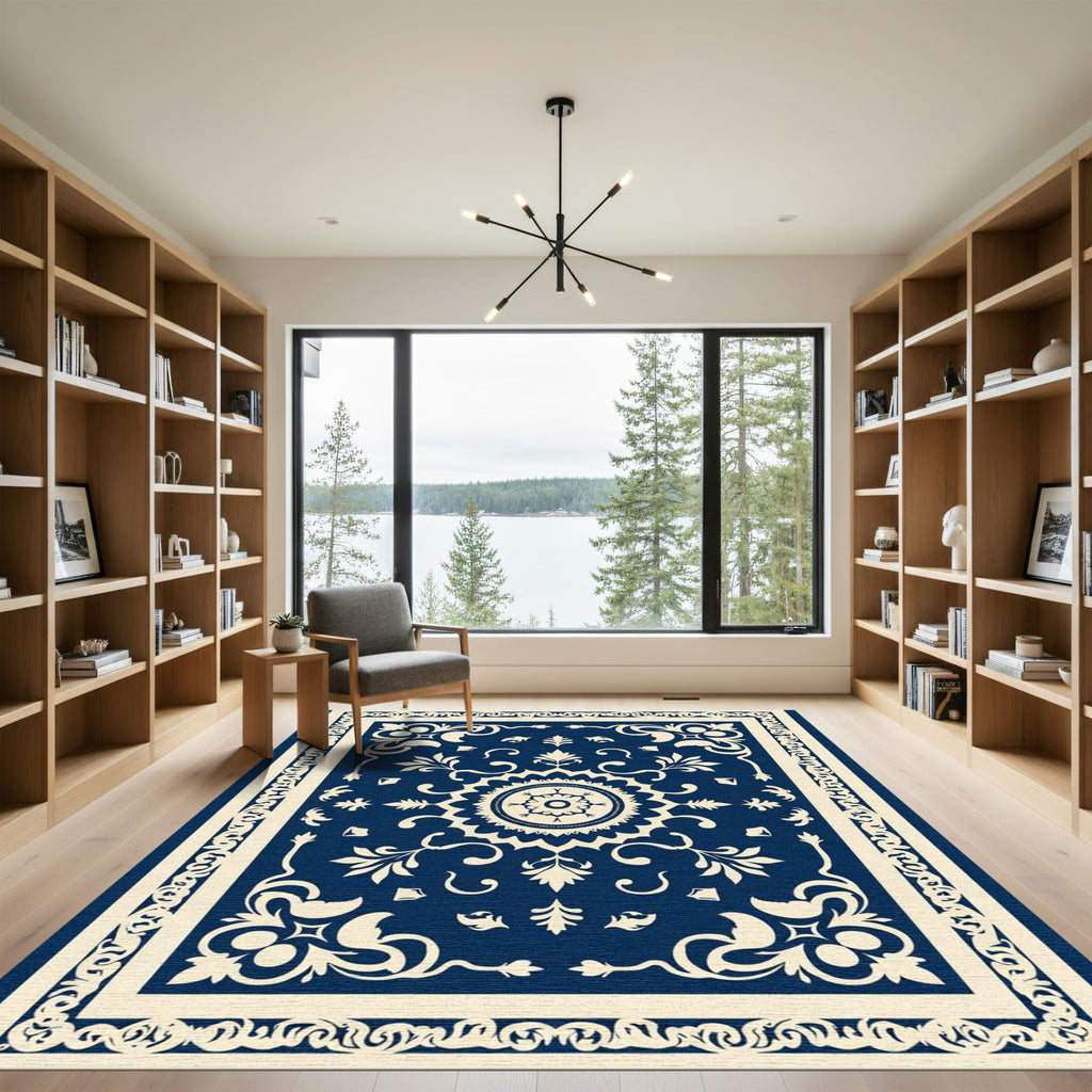 Navy White Ornate Mandala Medallion Rug