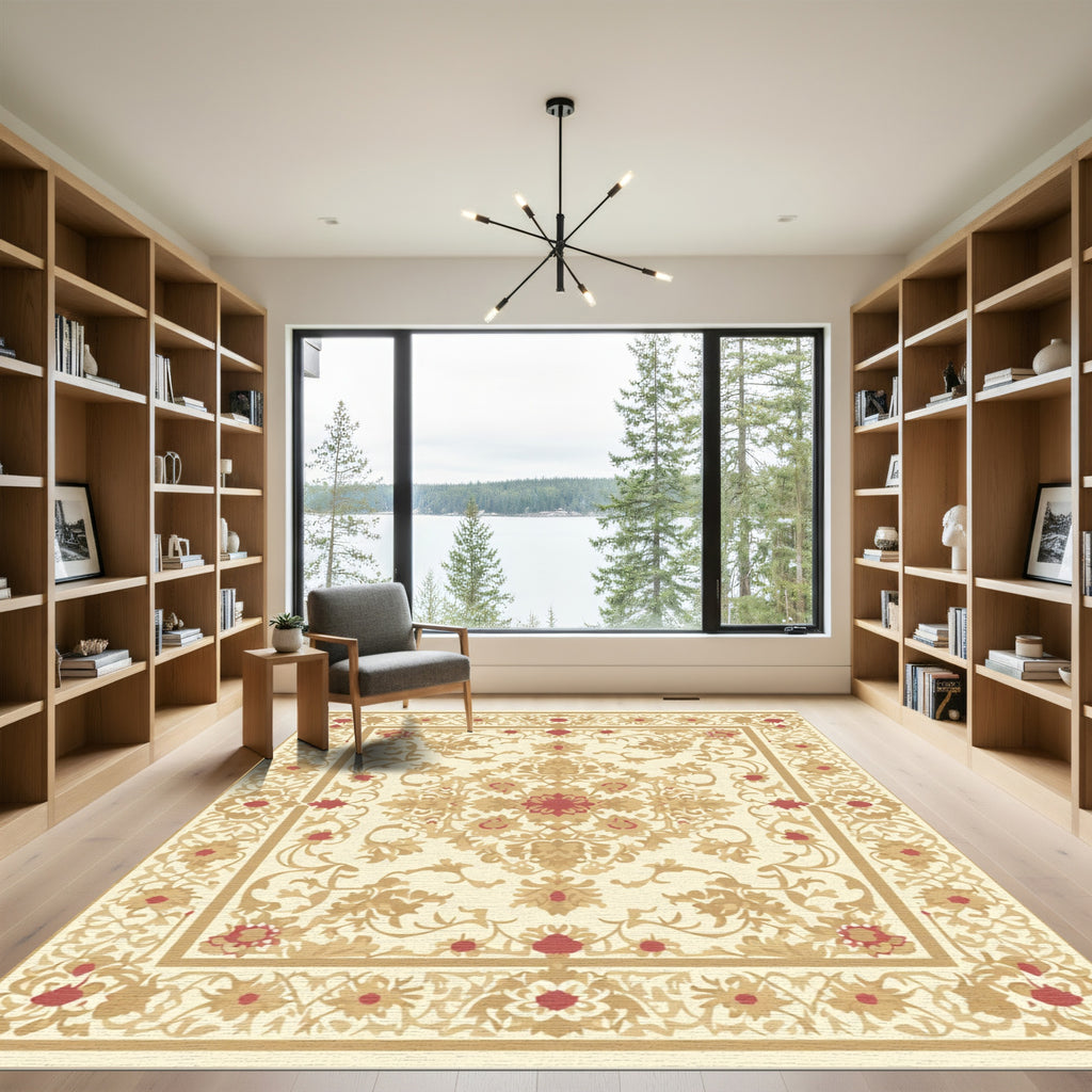 Cream Red Floral Damask Medallion Rug