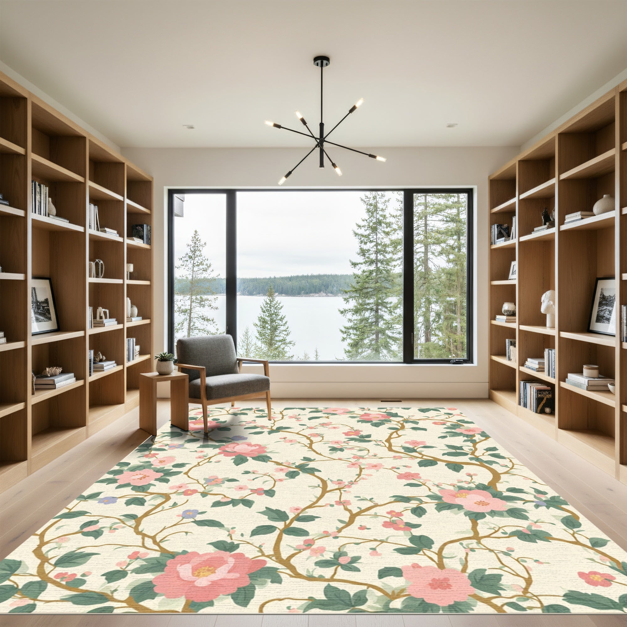 Pink Floral Branch Cream Background Rug