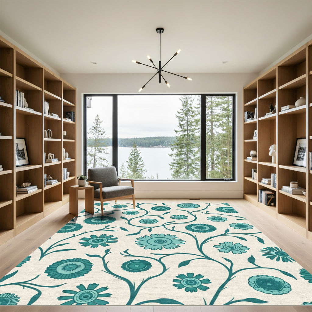 Teal Floral Vine Cream Rug