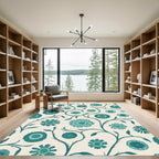 Teal Floral Vine Cream Rug