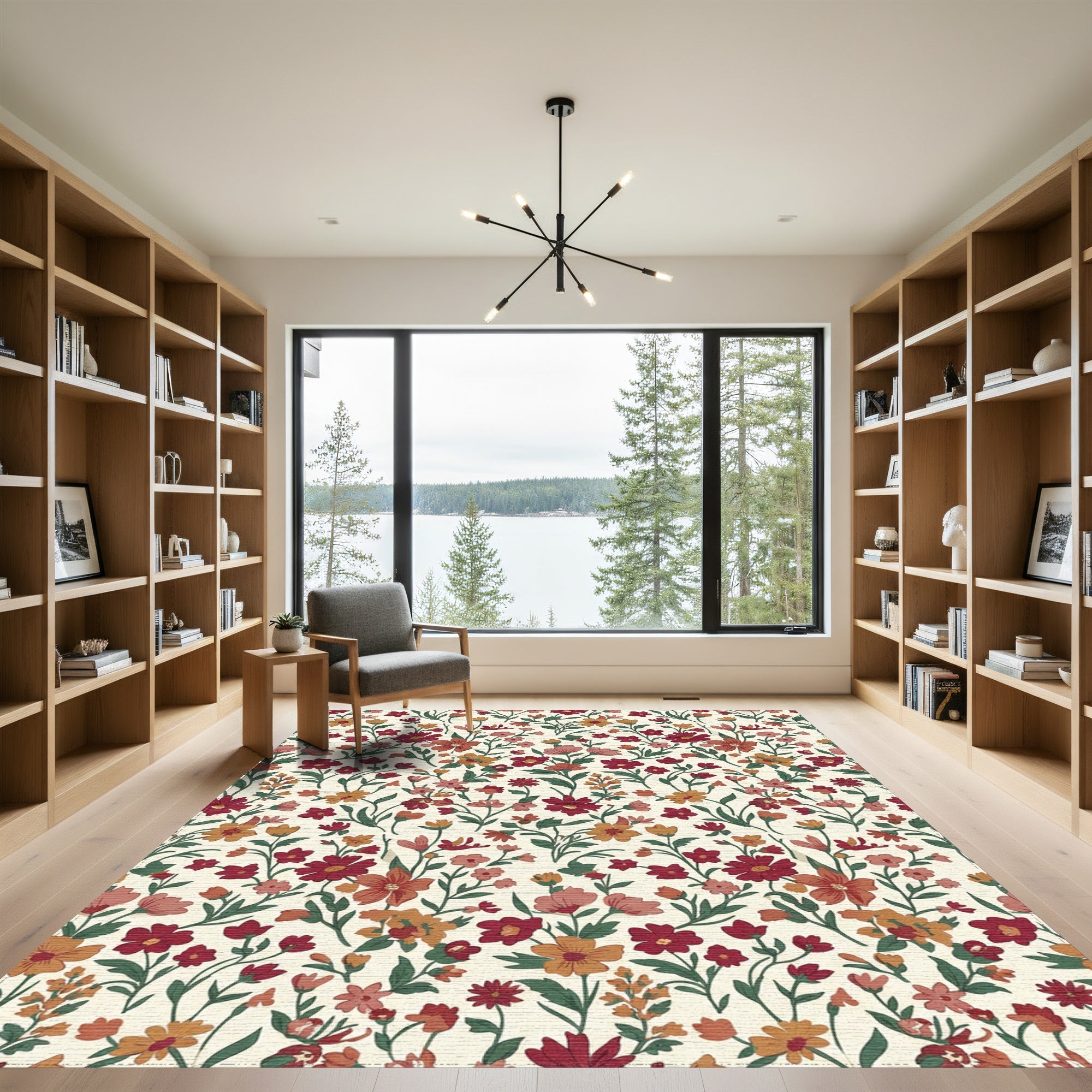 Crimson Orange Floral Blossom Field Rug