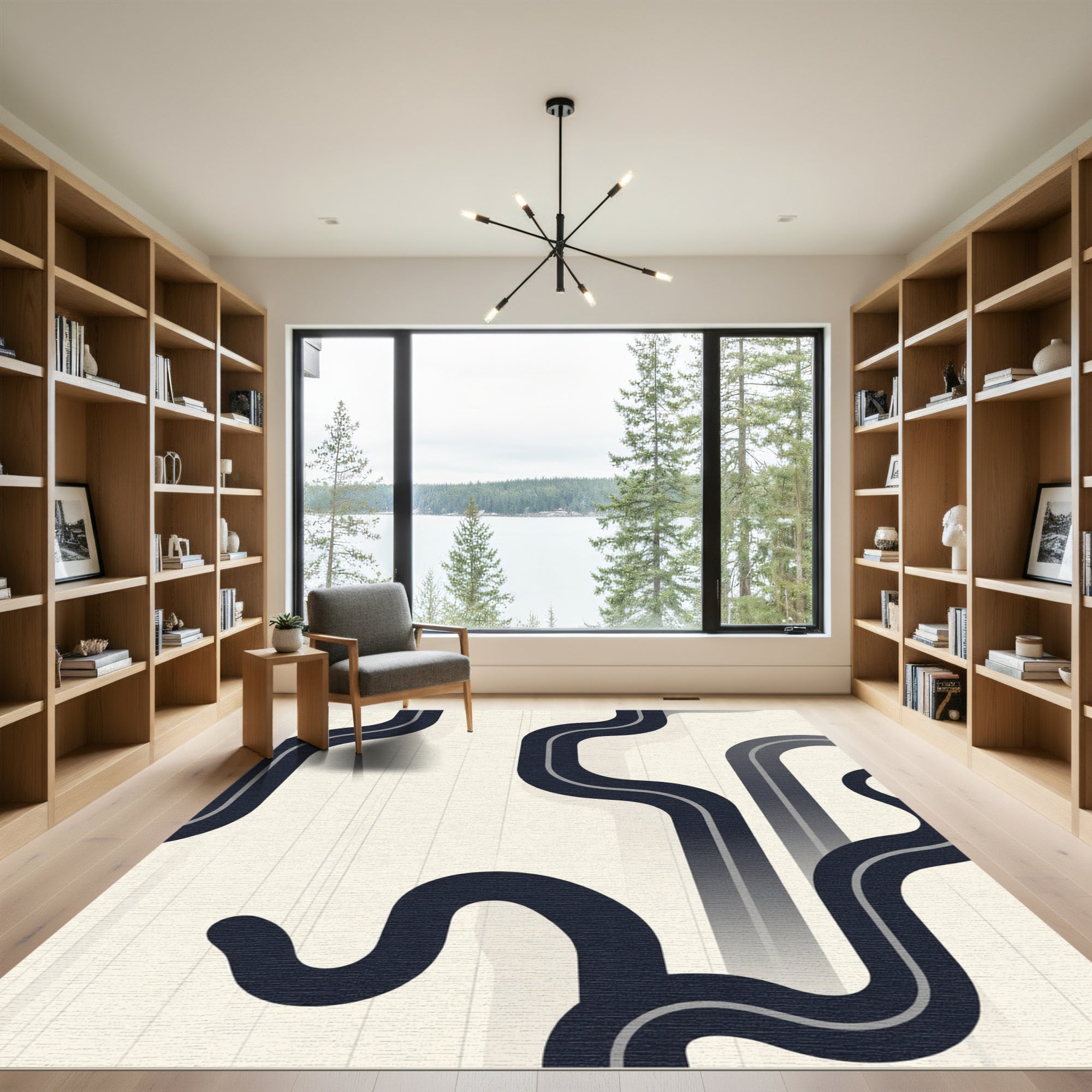 Minimalist Dark Blue Abstract Swirl Rug