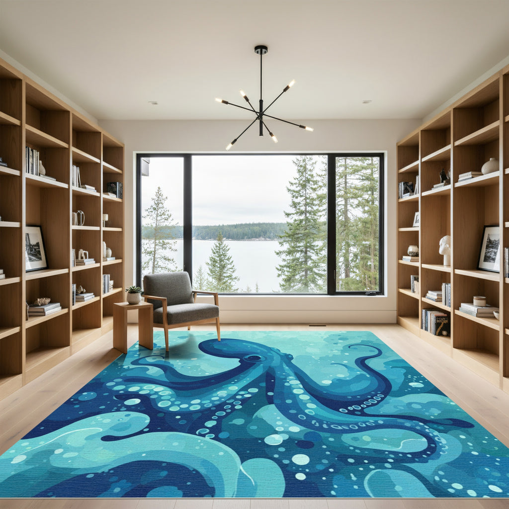 Deep Blue Octopus Ocean Waves Rug