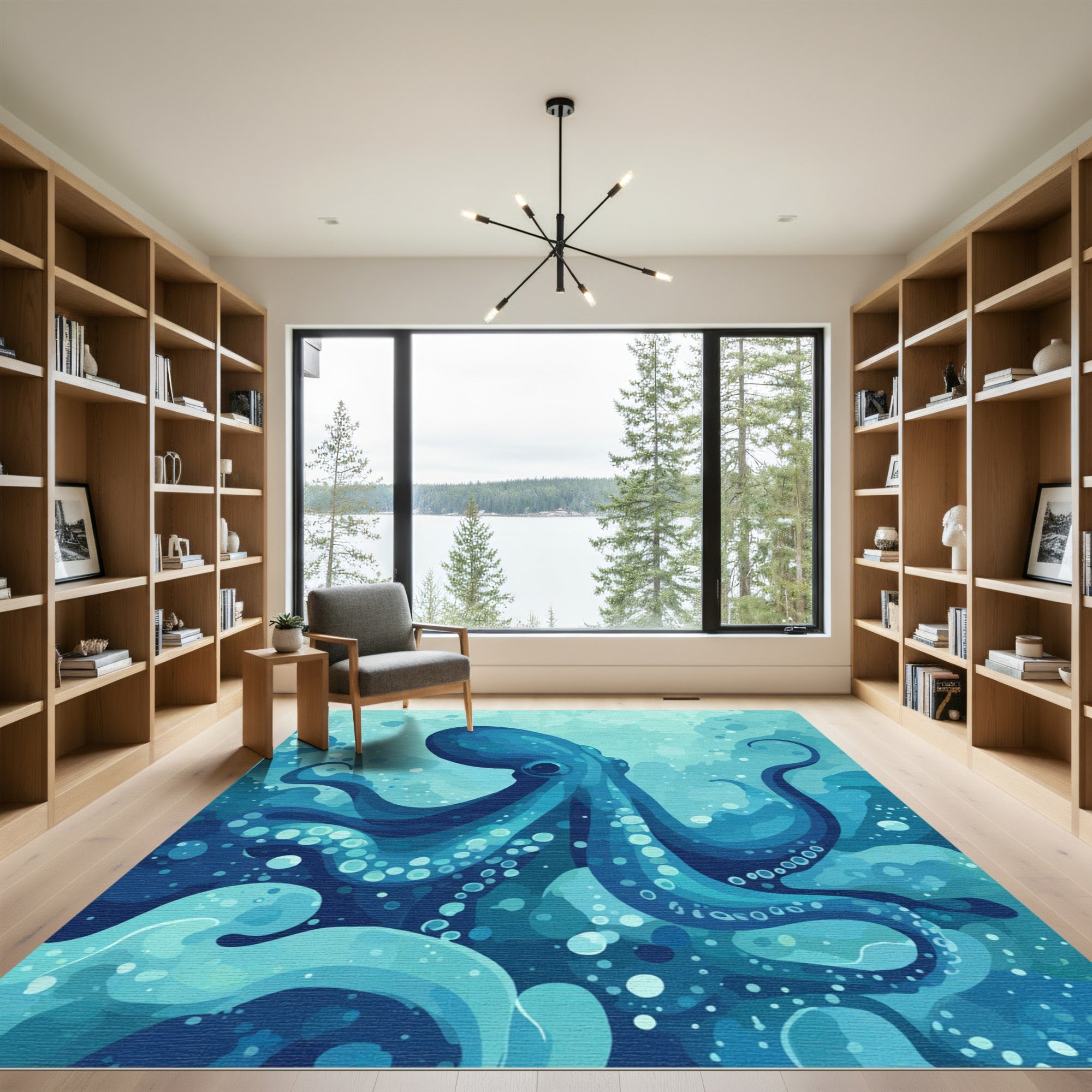 Deep Blue Octopus Ocean Waves Rug