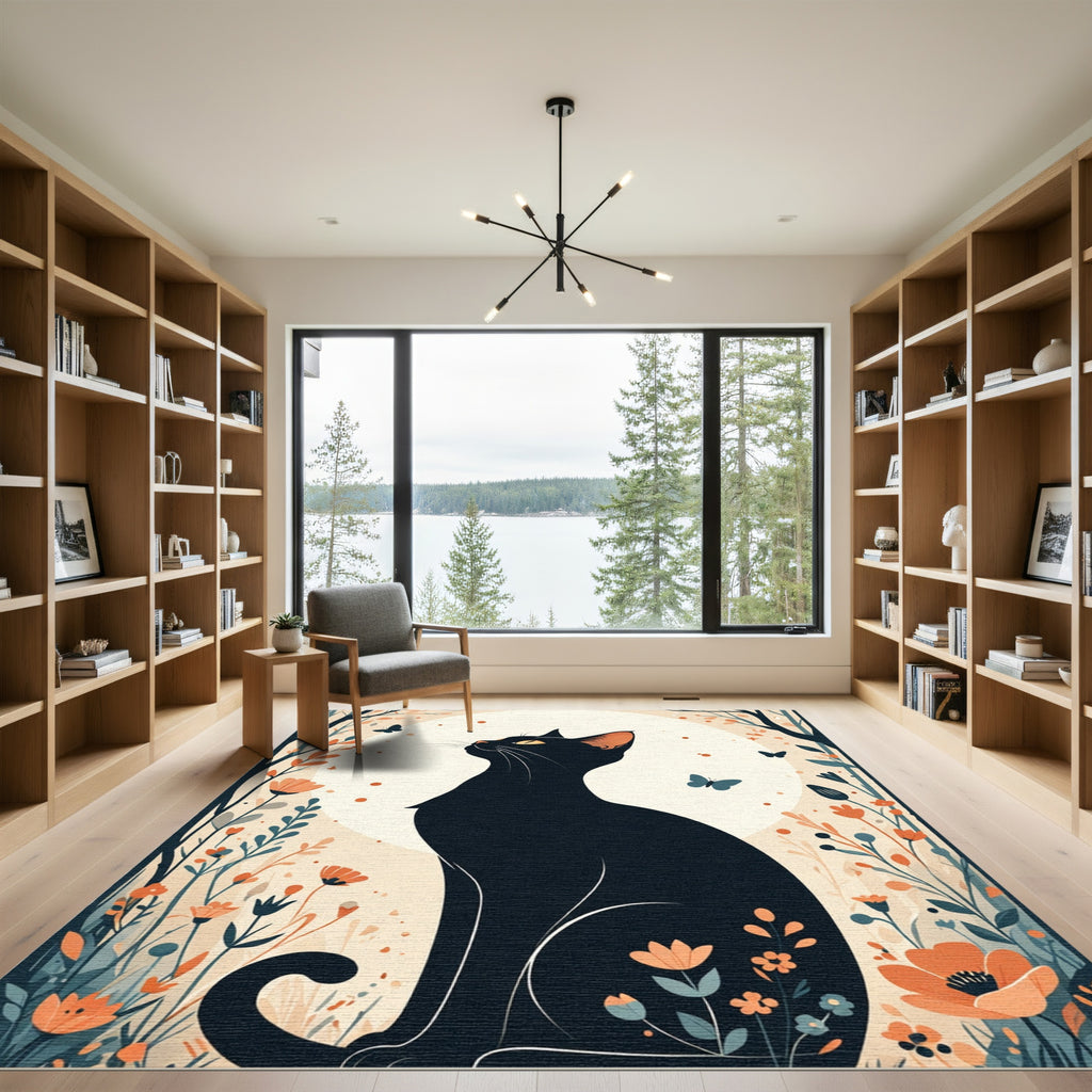 Black Cat Floral Garden Butterflies Rug