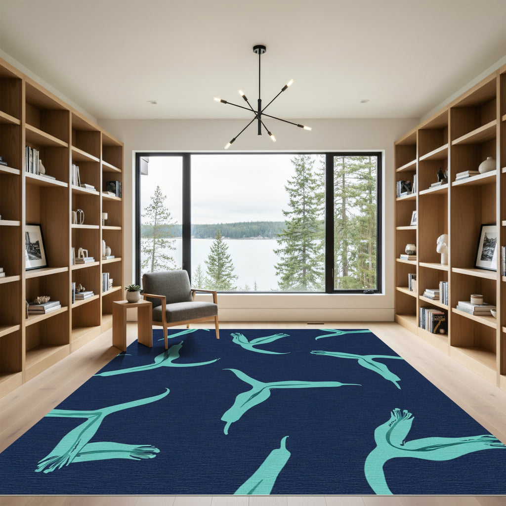 Aqua Petal Navy Background Rug