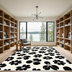 Black White Mid Century Flower Garden Rug