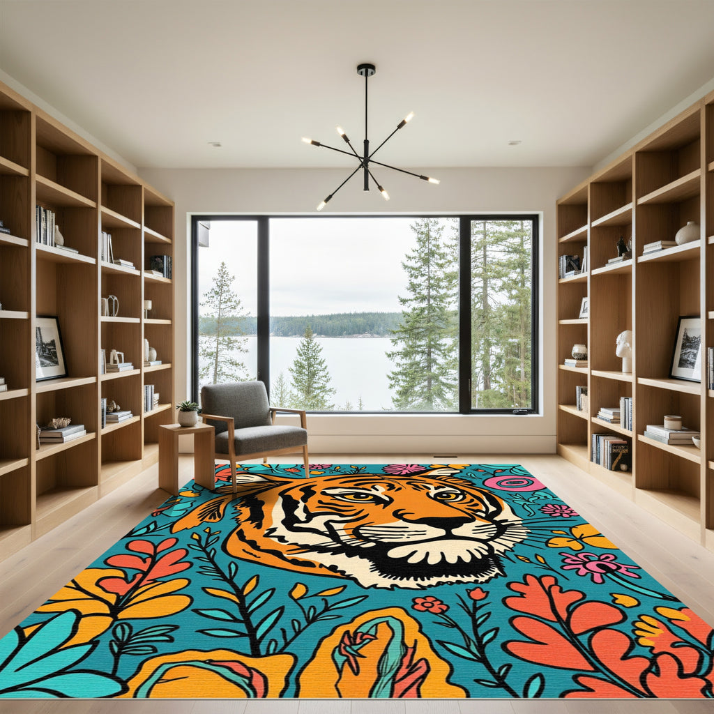 Vibrant Orange Tiger Floral Burst Rug