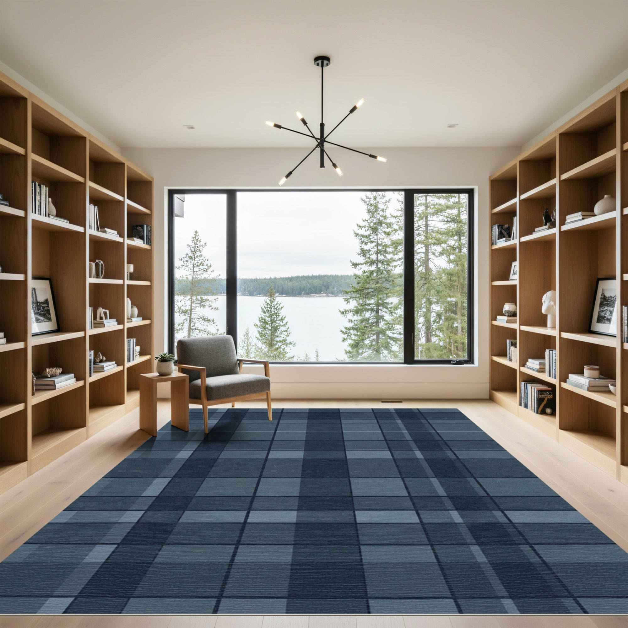 Navy Blue Subtle Plaid Grid Rug