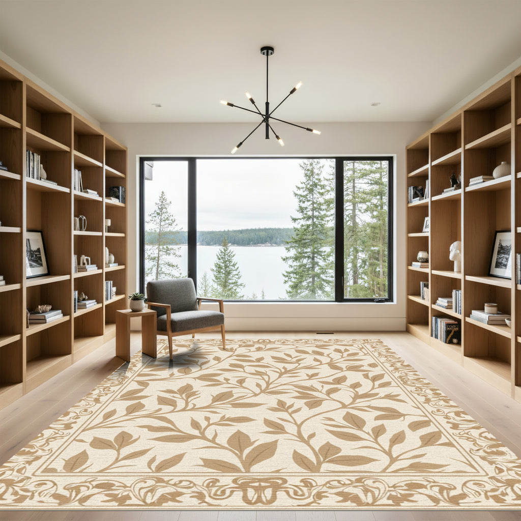 Tan Leaf Botanical Border Rug