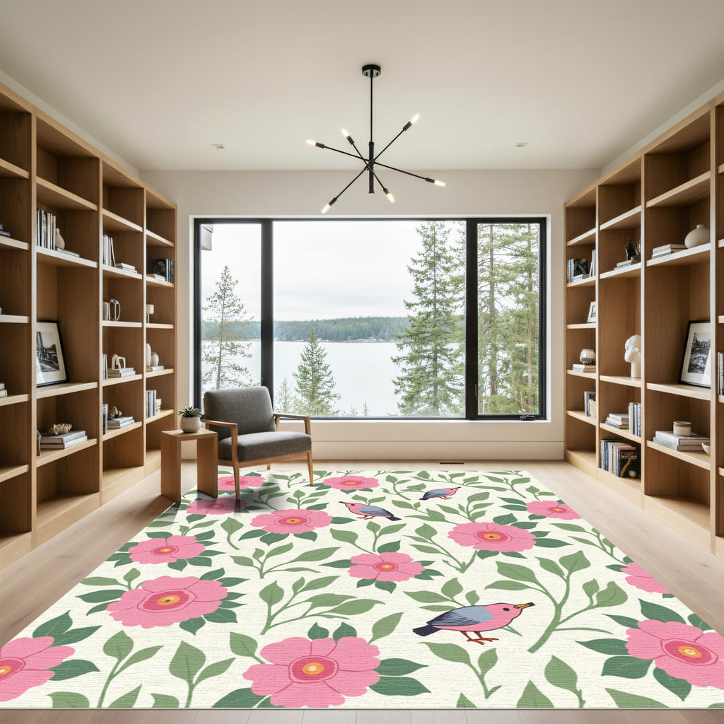 Pink Floral Garden With Birds Rug