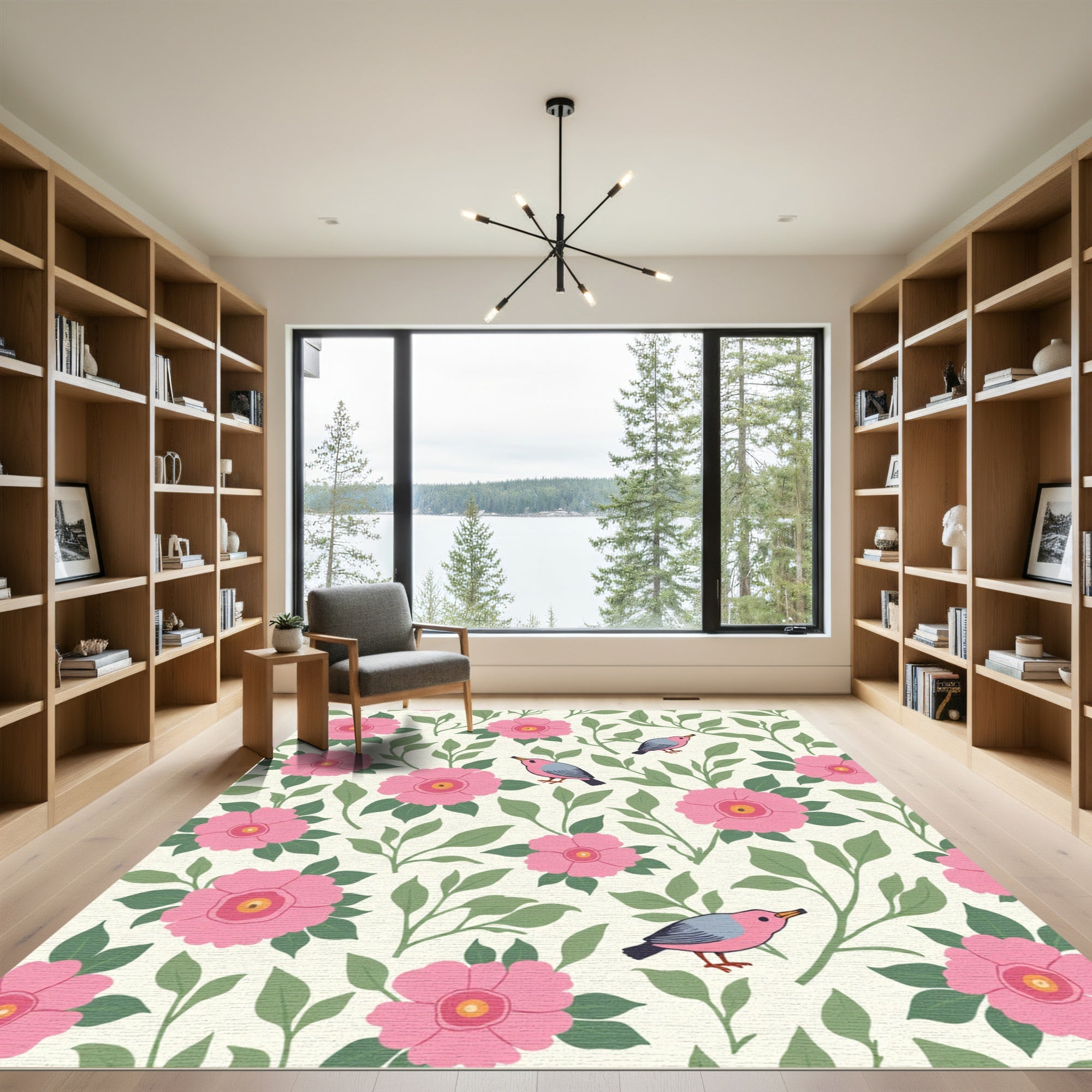 Pink Floral Garden With Birds Rug