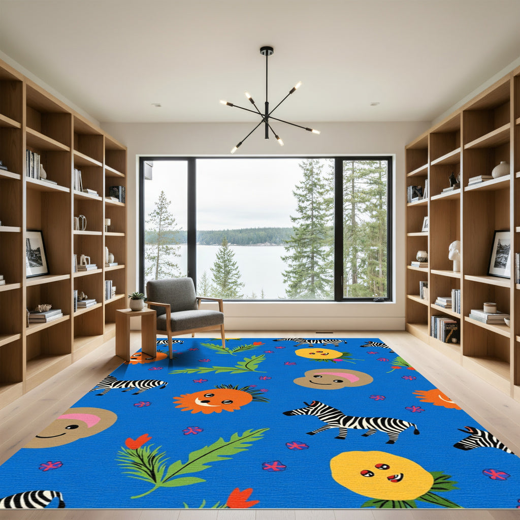 Whimsical Zebras and Sunflowers on Blue Rug