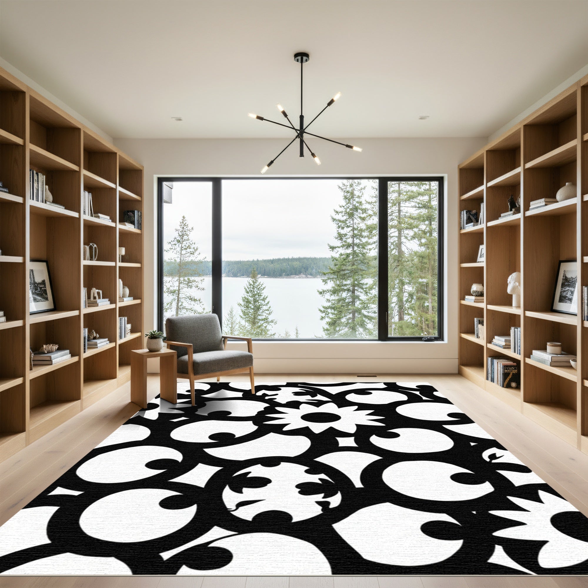 Retro Black White Floral Swirl Rug