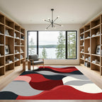 Crimson Black Gray Cream Abstract Waves Rug