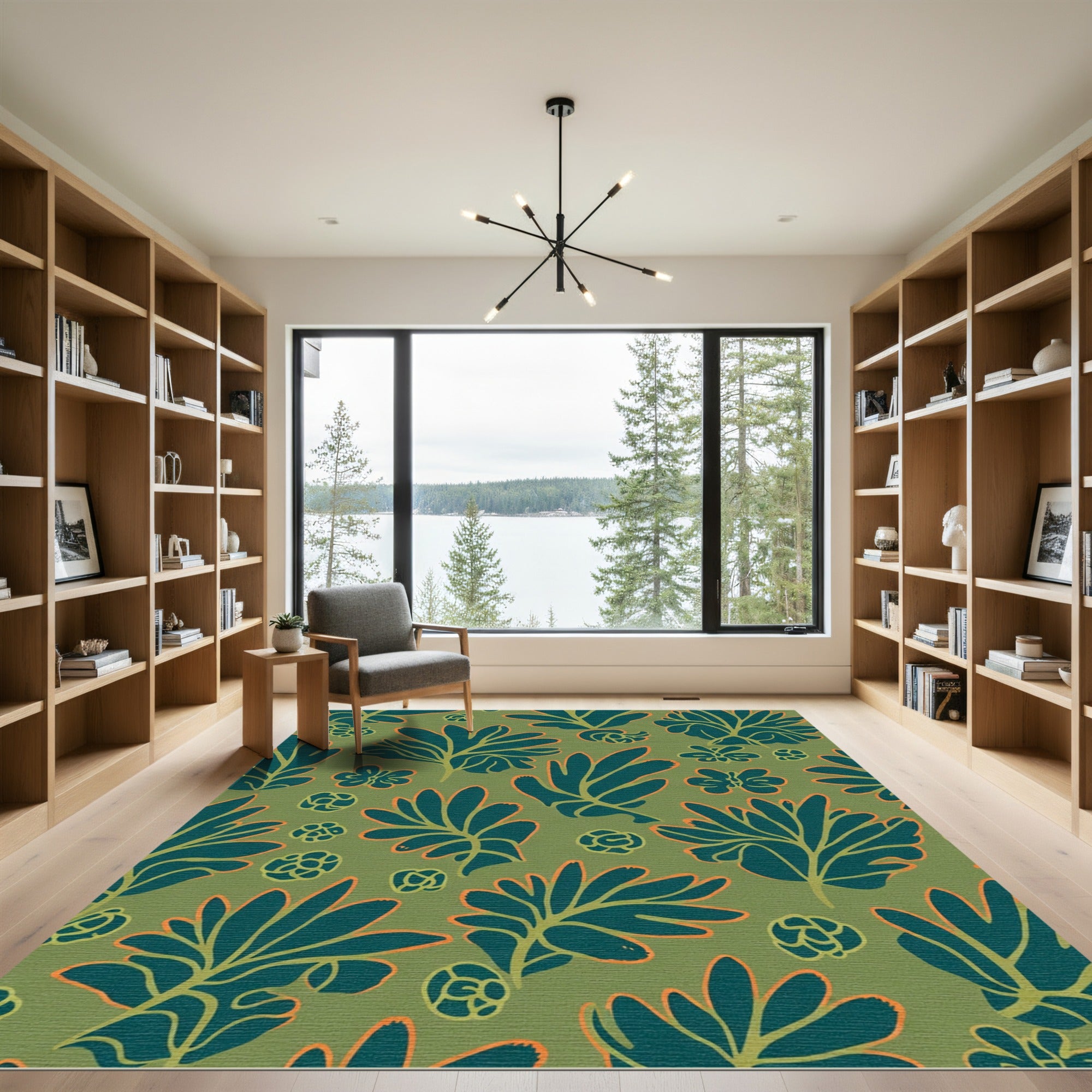 Olive Green Tropical Leaf Outline Rug