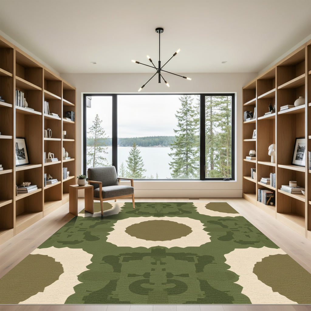 Earthy Green Ochre Symmetrical Medallion Rug