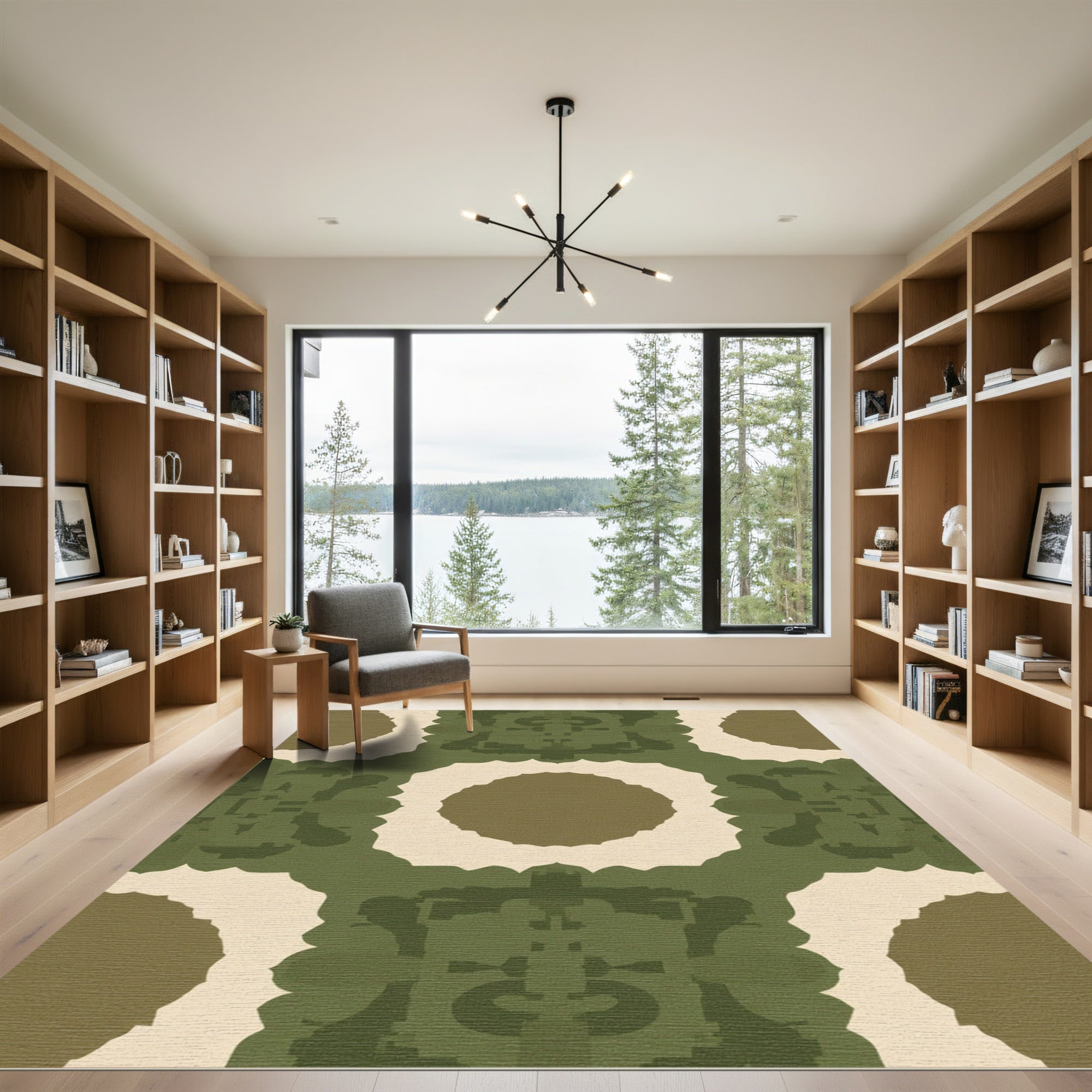 Earthy Green Ochre Symmetrical Medallion Rug