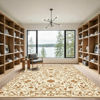 Cream Brown Floral Filigree Border Rug