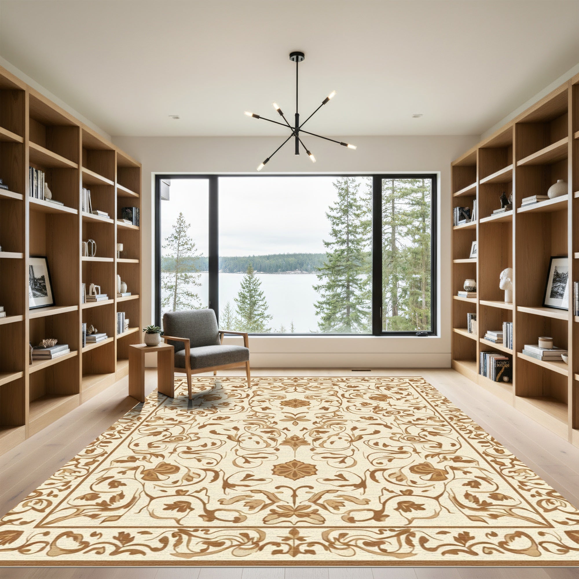 Cream Brown Floral Filigree Border Rug