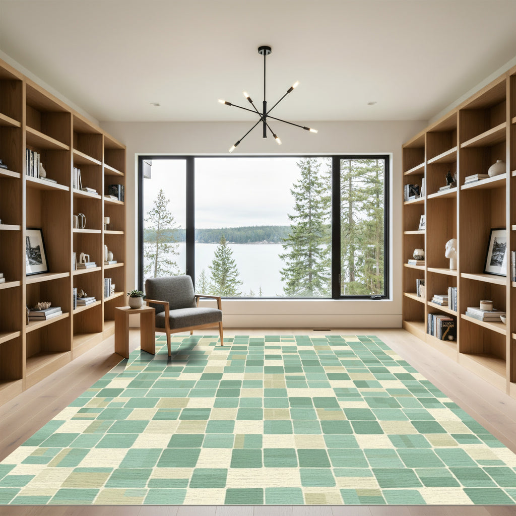 Mint Green Cream Tile Mosaic Rug