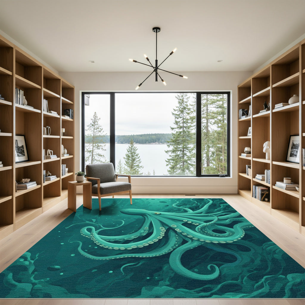 Teal Octopus Underwater Tentacle Swirl Rug
