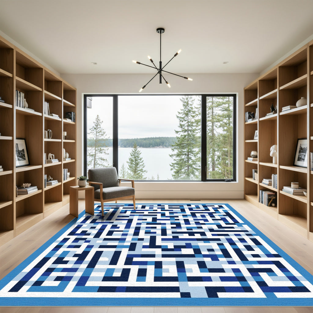 Blue Labyrinth Geometric Pixelated Rug