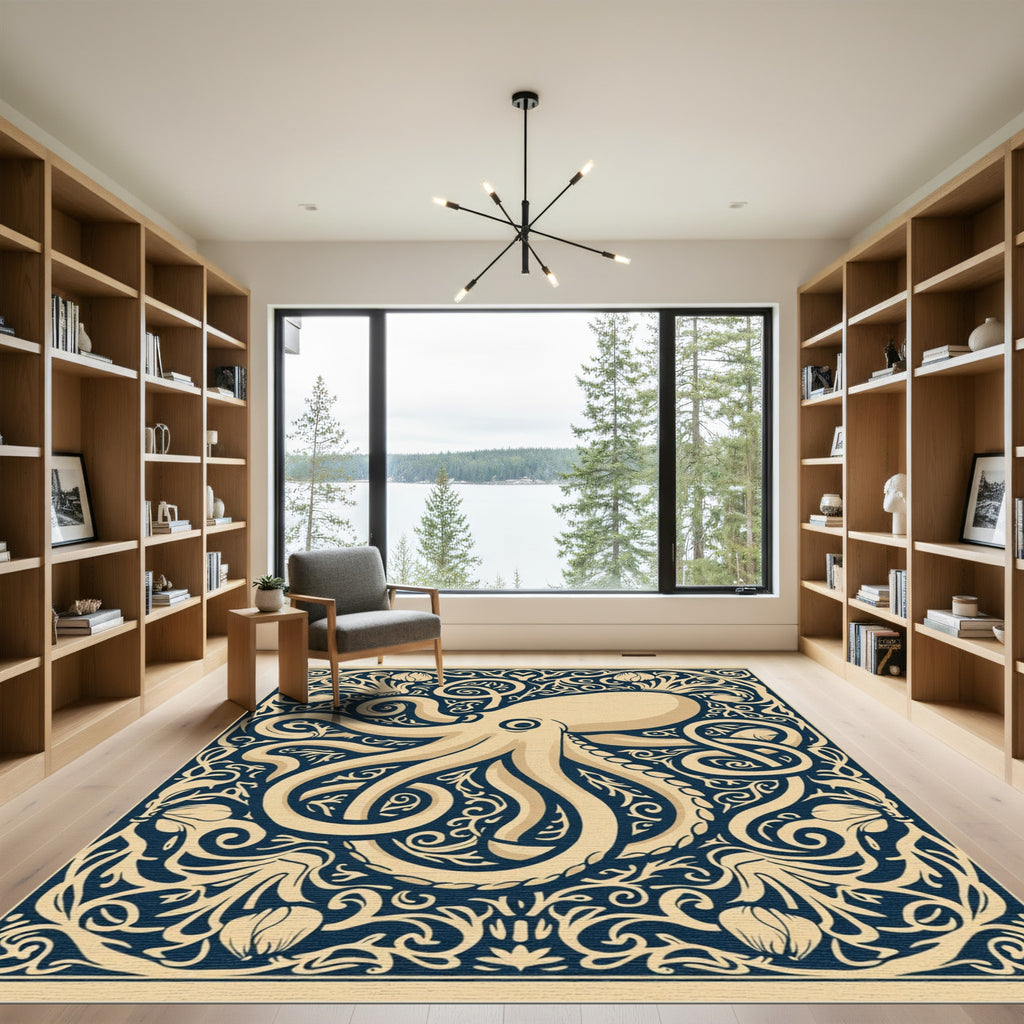 Cream Octopus Deep Navy Floral Frame Rug