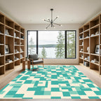 Teal Cream Abstract Geometric Blocks Rug