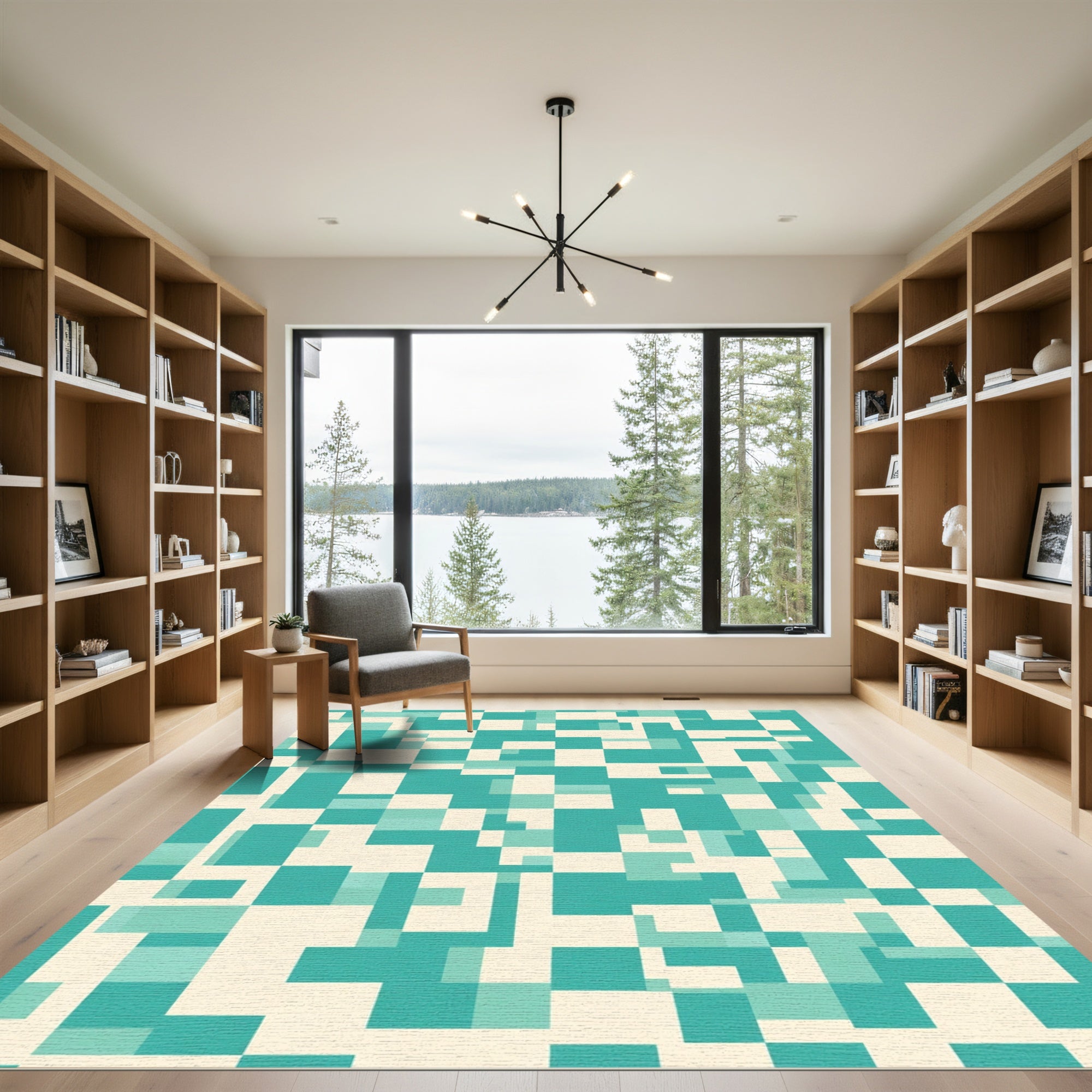 Teal Cream Abstract Geometric Blocks Rug