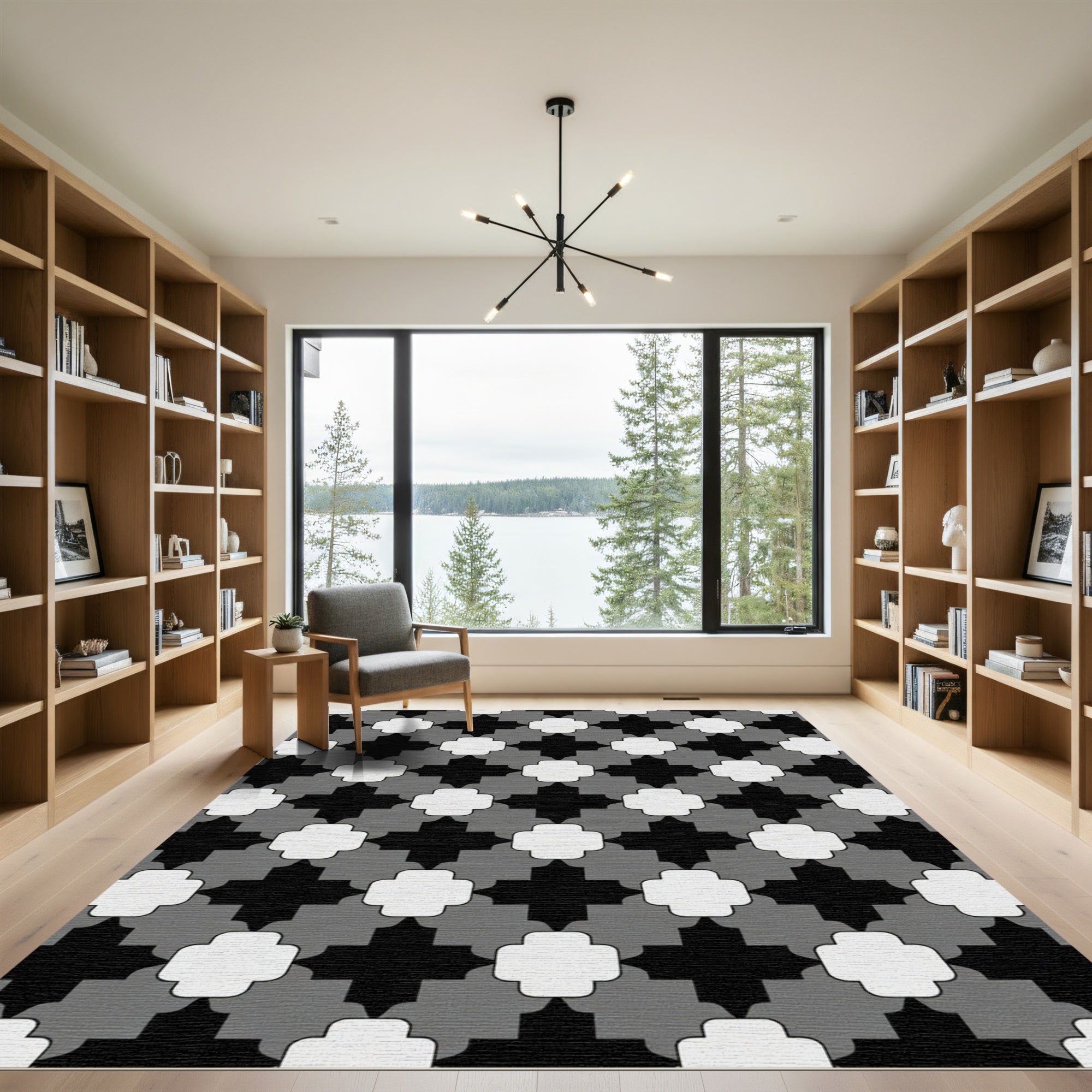 Black Gray White Quatrefoil Tile Rug