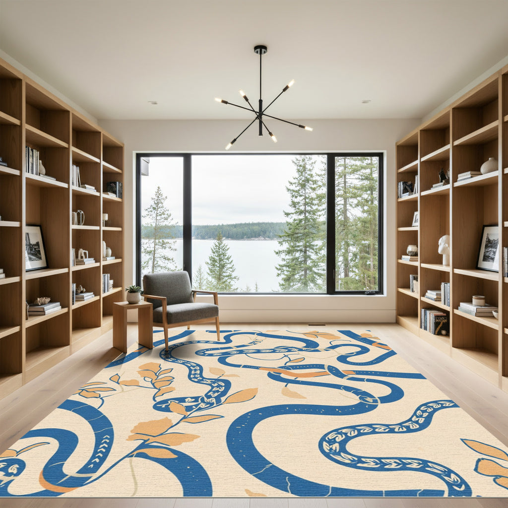 Blue Orange Serpent Botanical Abstract Rug