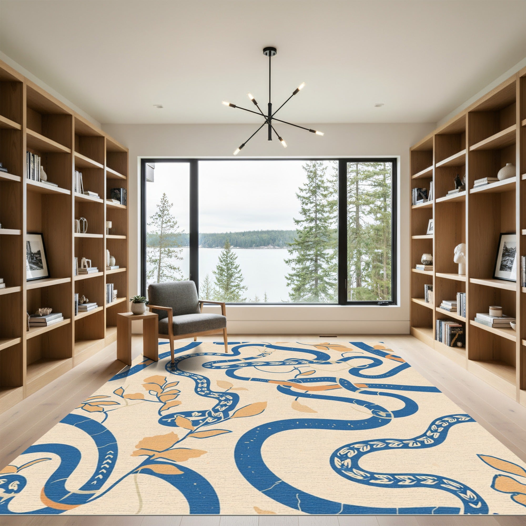 Blue Orange Serpent Botanical Abstract Rug