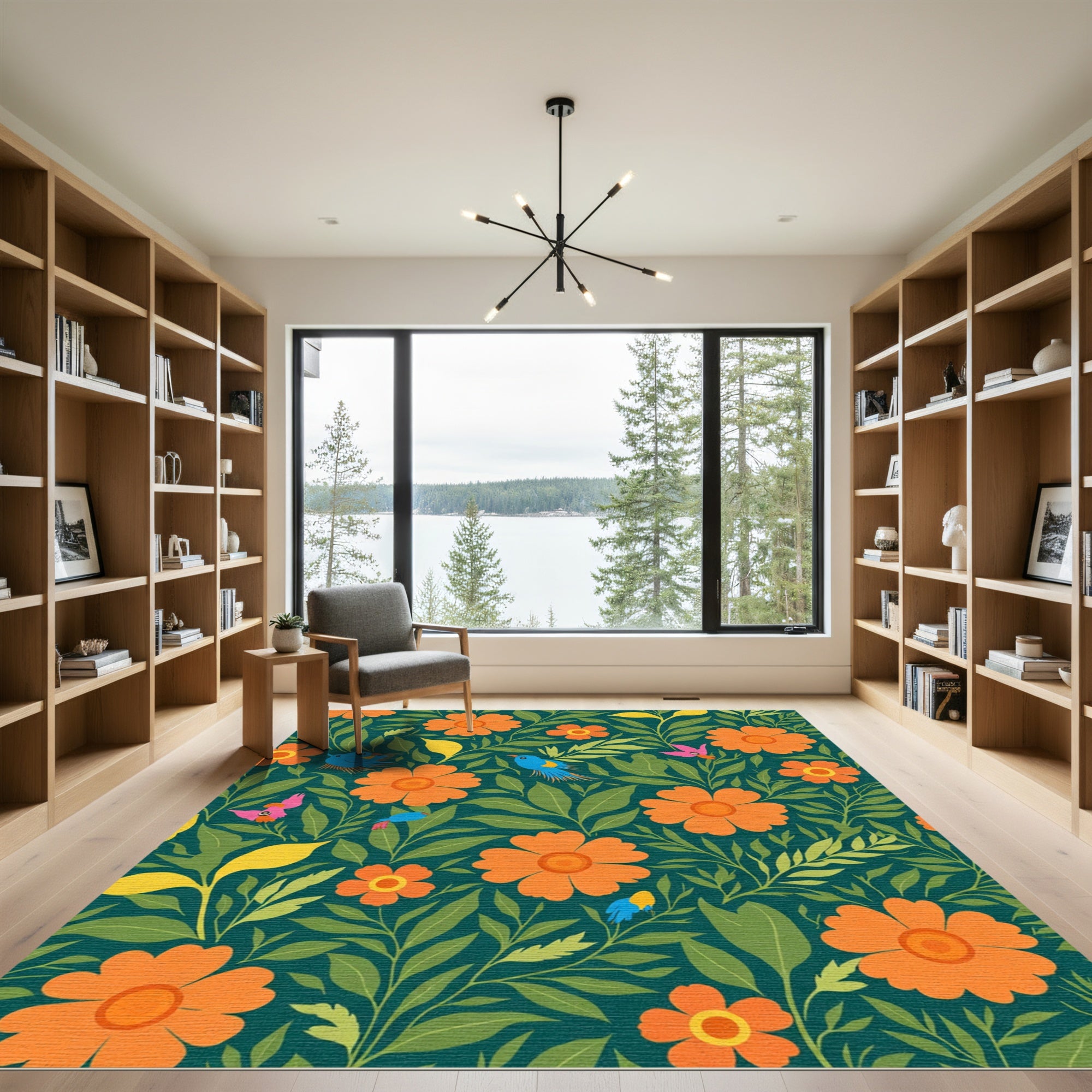 Whimsical Orange Floral Birds Garden Rug