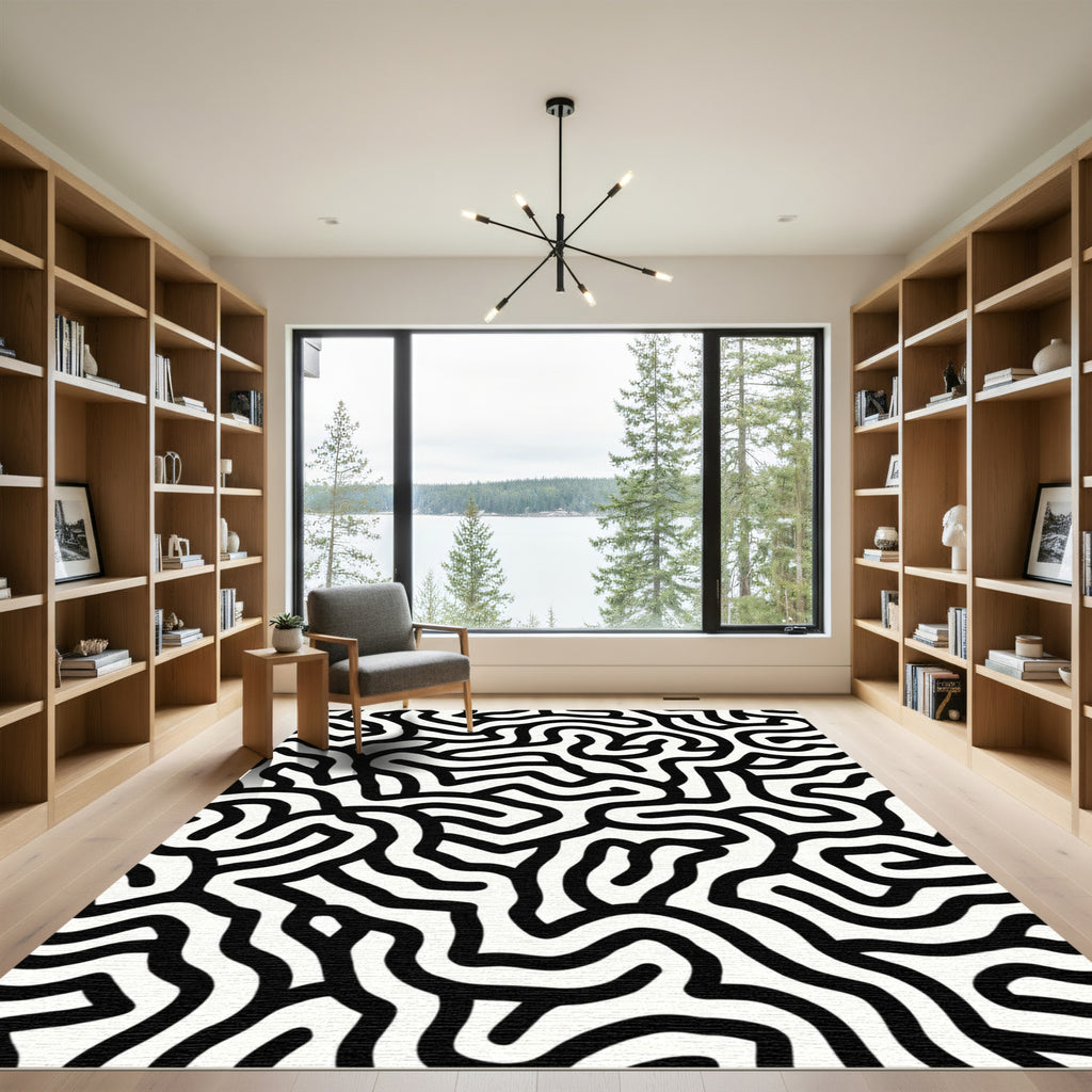 Black White Abstract Maze Topology Rug