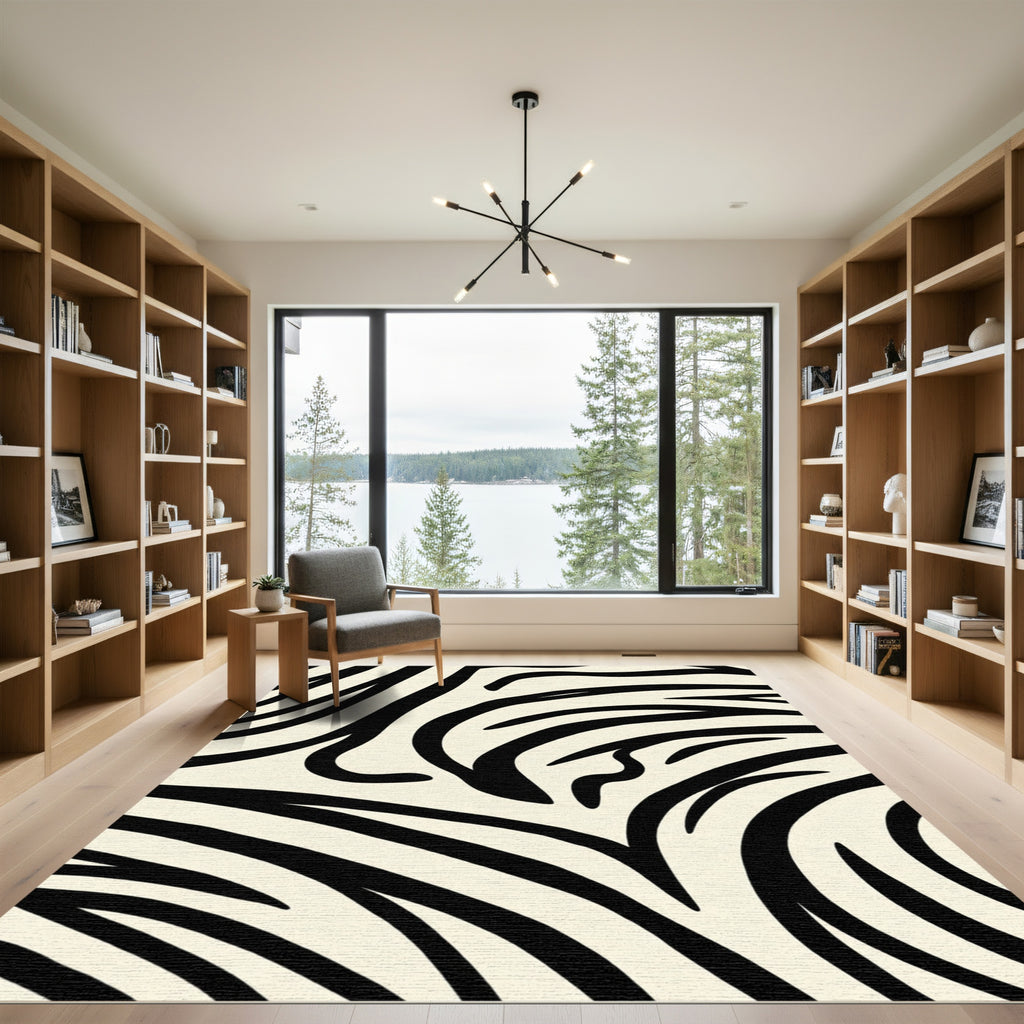Off White Black Abstract Zebra Stripes Rug