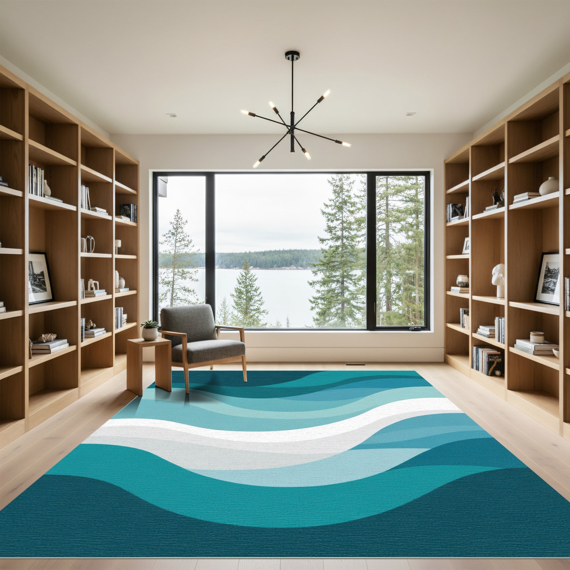 Teal White Abstract Ocean Waves Rug