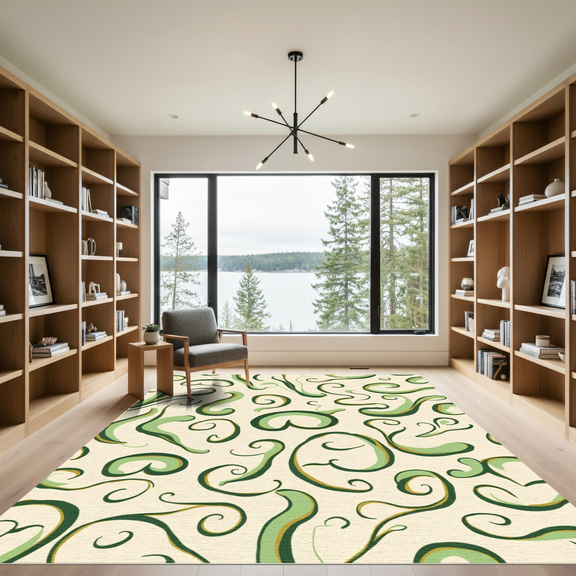 Cream Green Swirl Abstract Art Rug