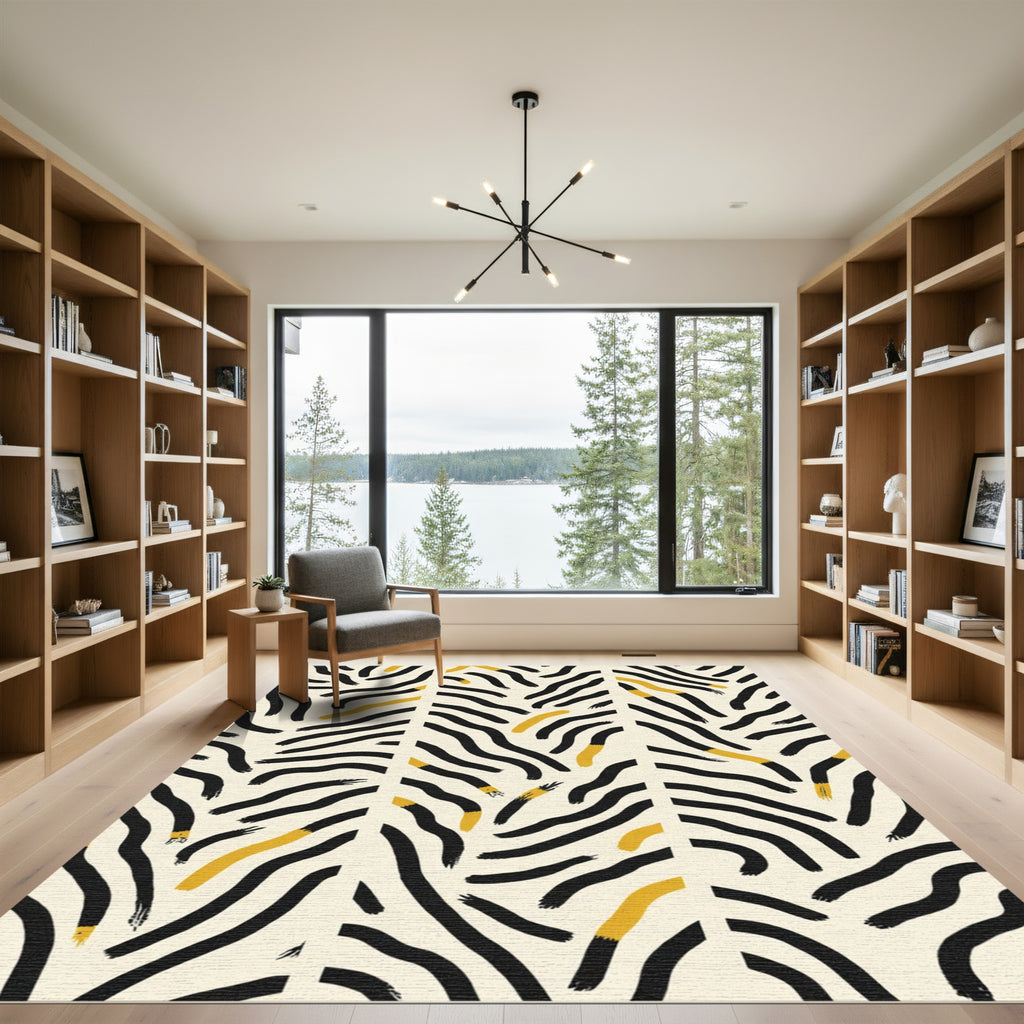Abstract Black Gold Brushstroke Warped Lines Rug