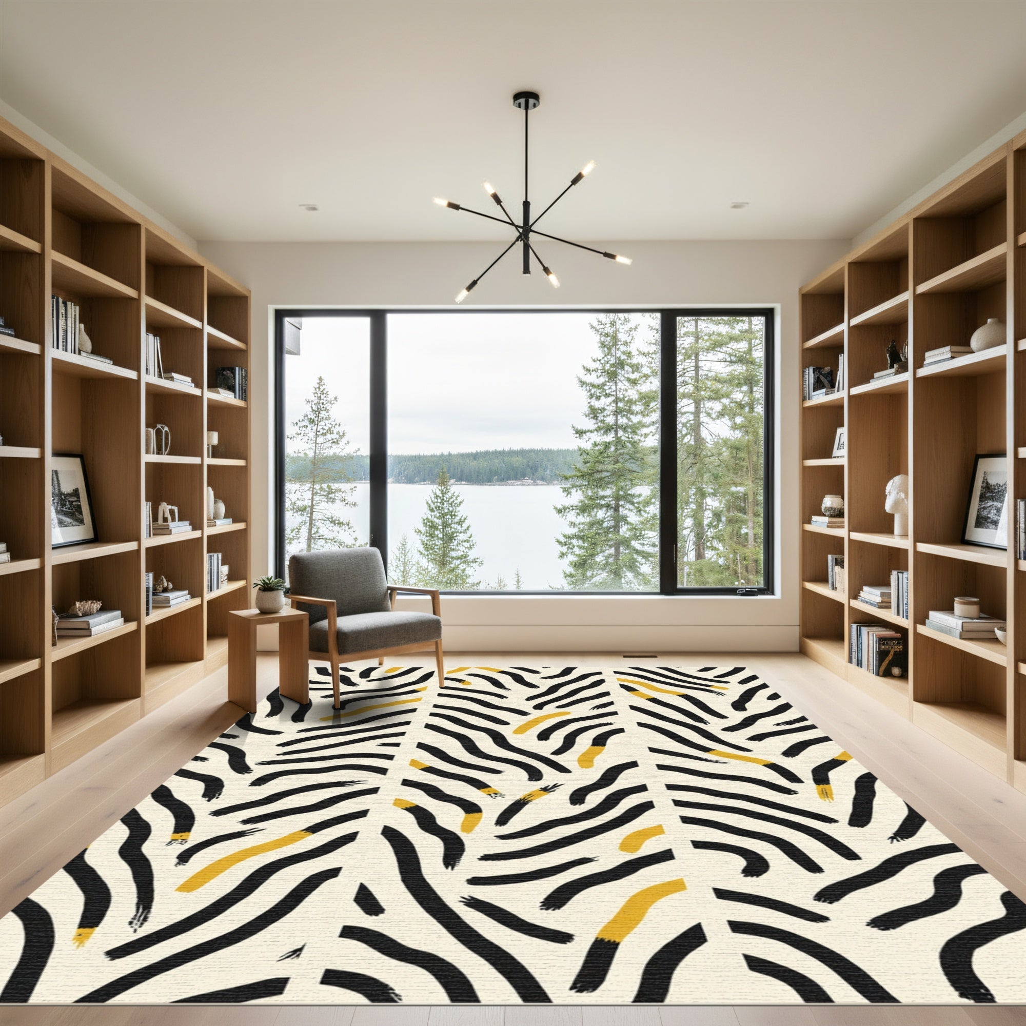 Abstract Black Gold Brushstroke Warped Lines Rug