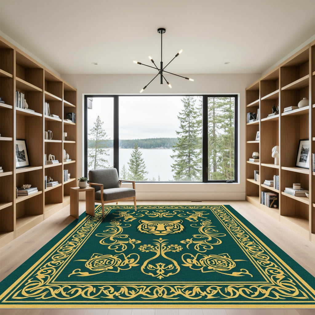 Emerald Green Gold Tiger Motif Rug