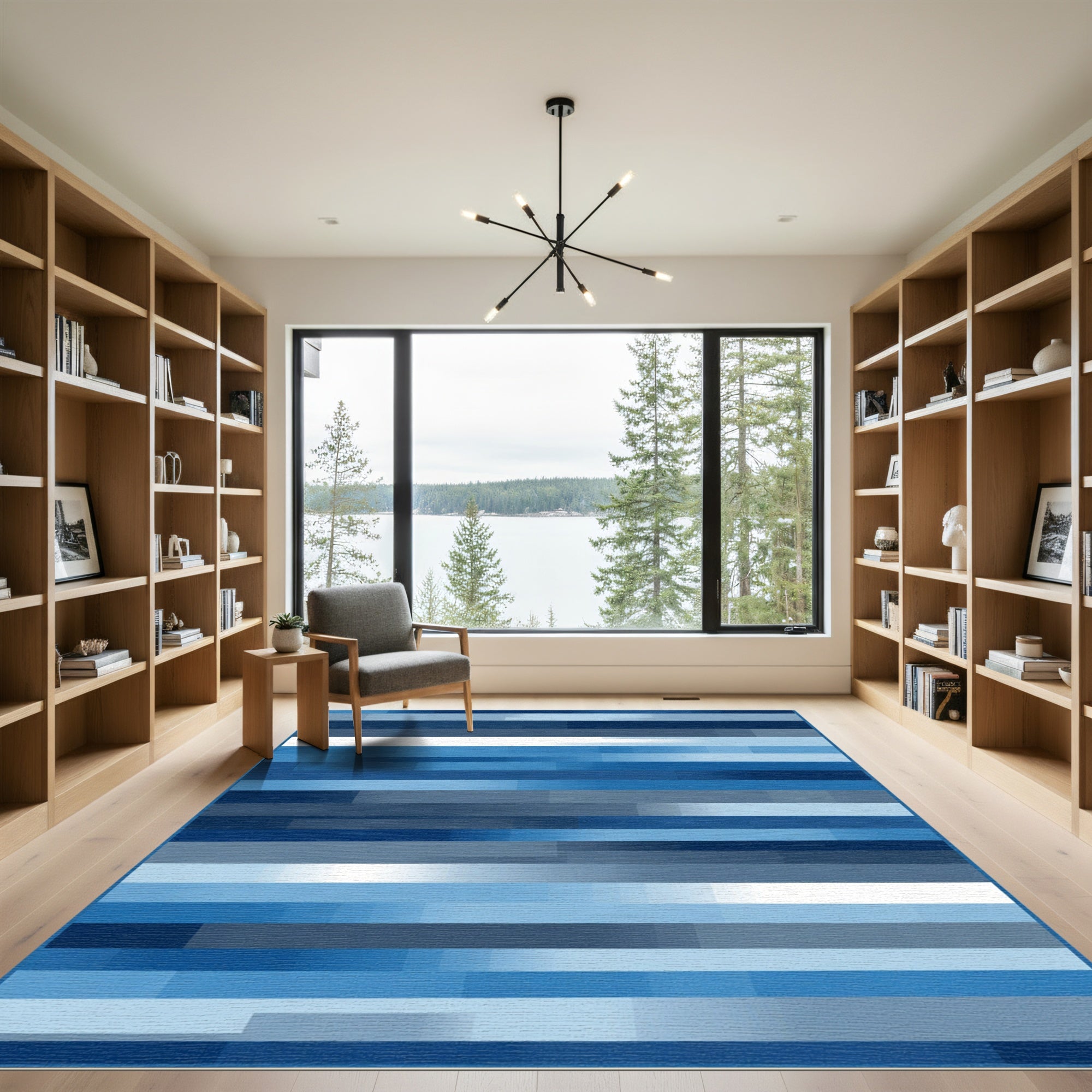 Modern Blue Tonal Horizontal Stripe Rug