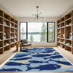 Deep Blue School Fish Arrangement Rug