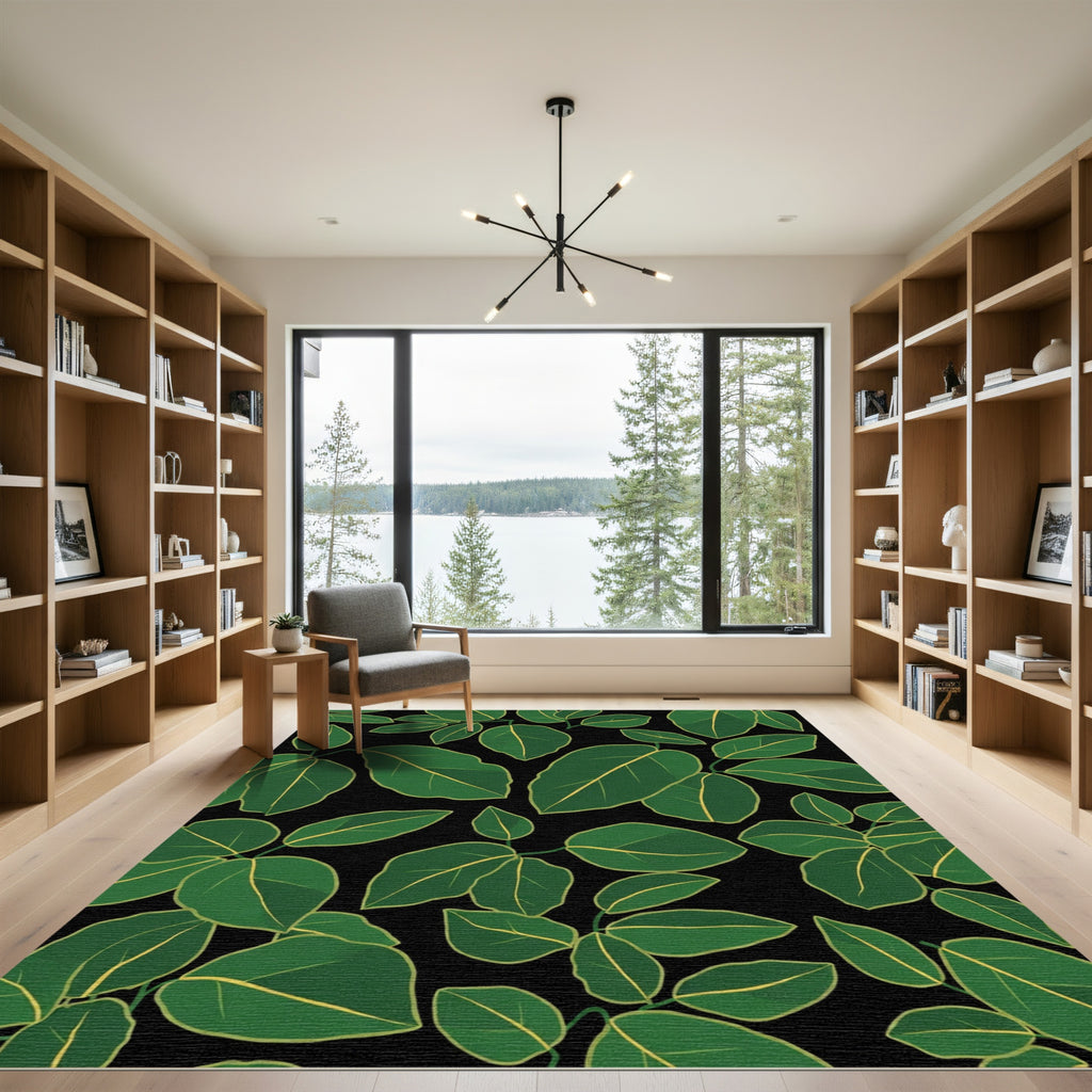 Emerald Green Leafy Vines Black Rug