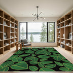 Emerald Green Leafy Vines Black Rug